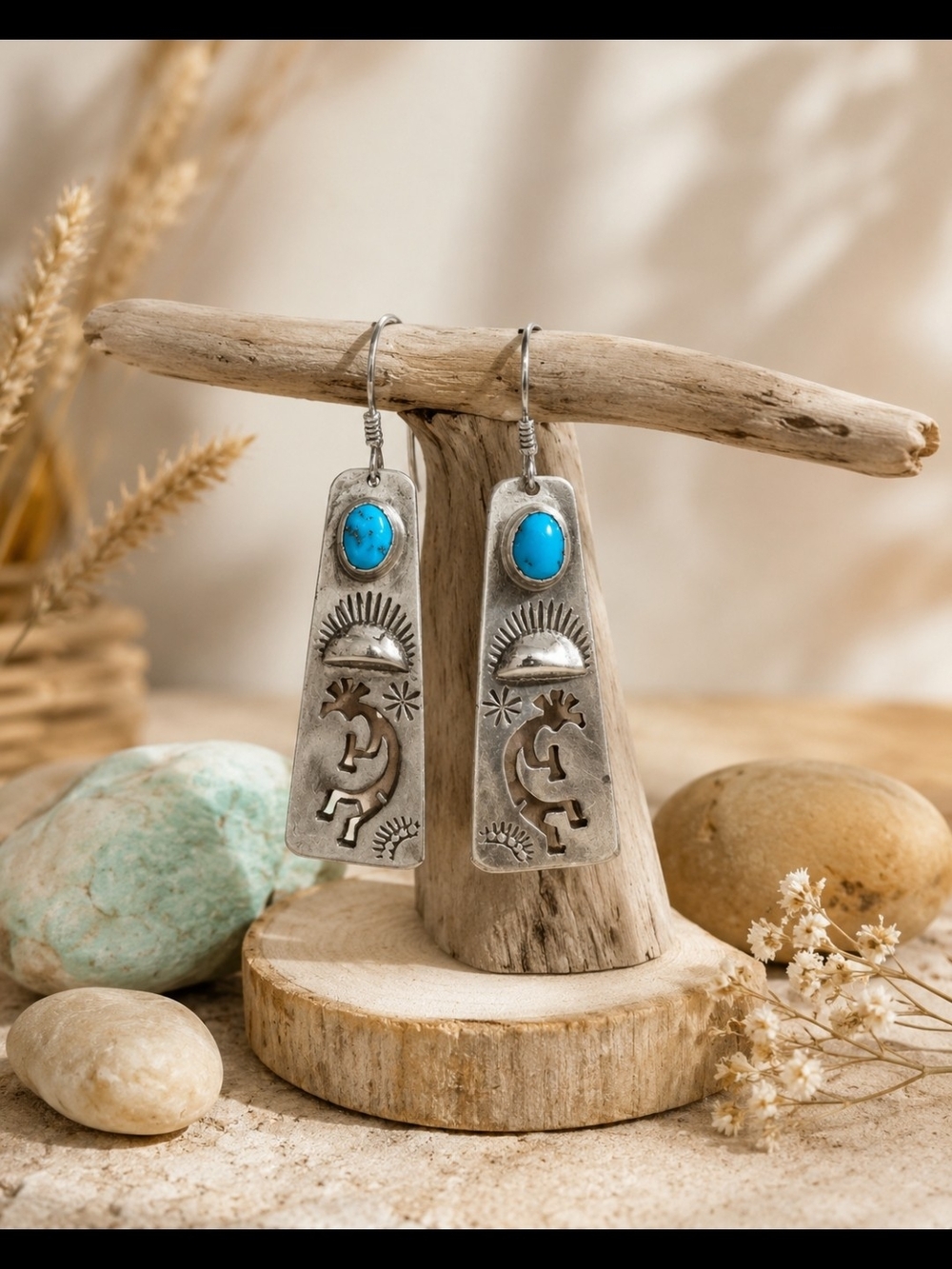 NAVAJO Sterling Silver Turquoise Kokopelli Drop Earrings - Blue